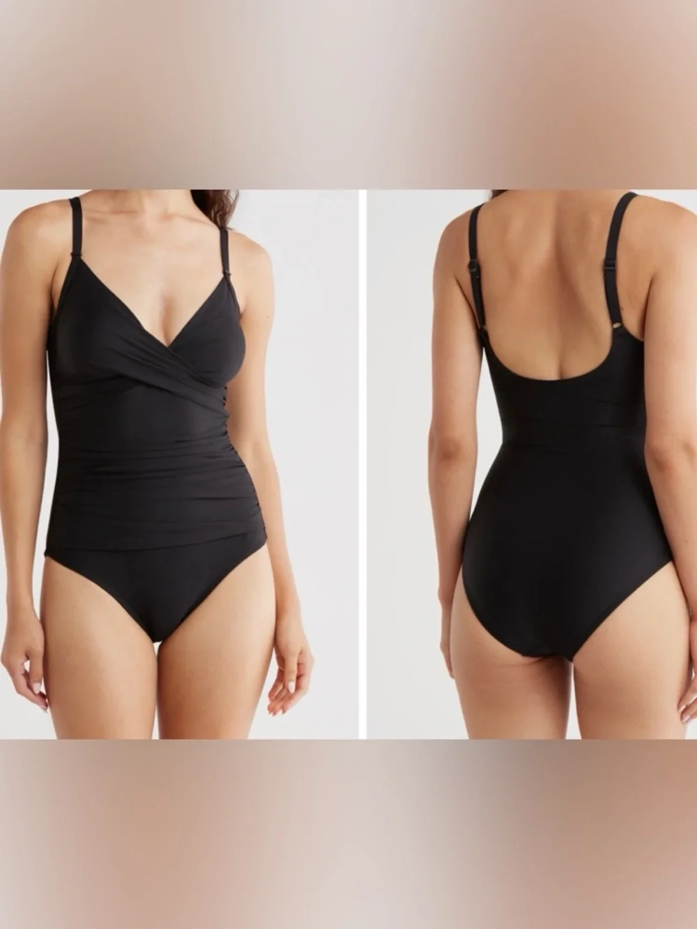 DKNY Black Surplice Spaghetti Strap Tummy Control One Piece Swimsuit Medium NWT - Picture 1 of 9